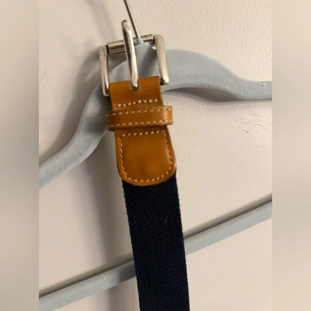 L.L. Bean Canvas Belt Navy Blue Brown Leather Trim Silver Buckle Classic Casual